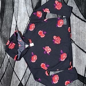VS PINK Floral Design Crop Knit Sweater Hoodie Drawstring Shirt